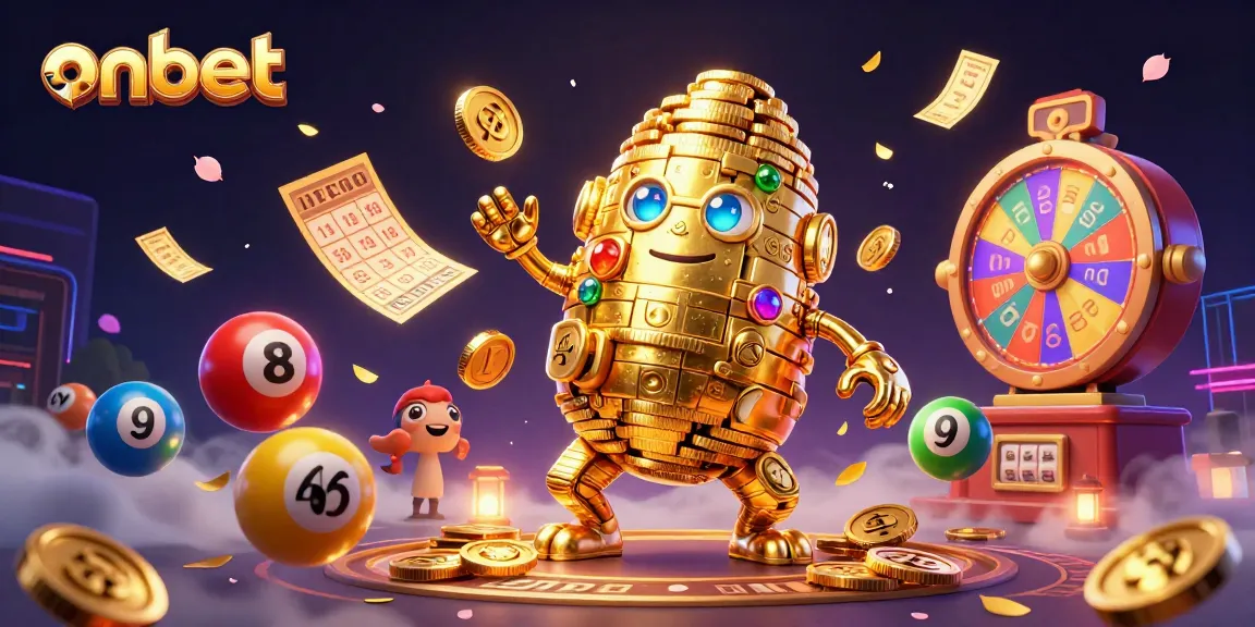 Spin and win with onbet's dynamic gaming experience featuring a golden golem amidst vibrant lottery elements.