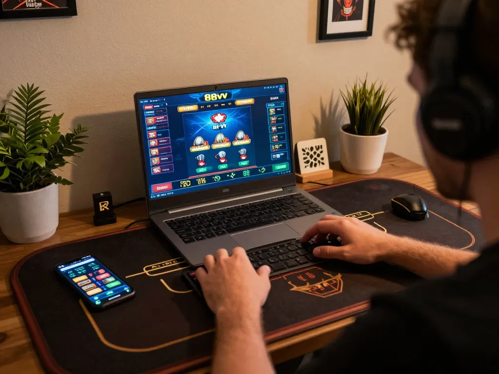 A user engaging with 88vv online casino games on a laptop while enjoying a cozy home setting
