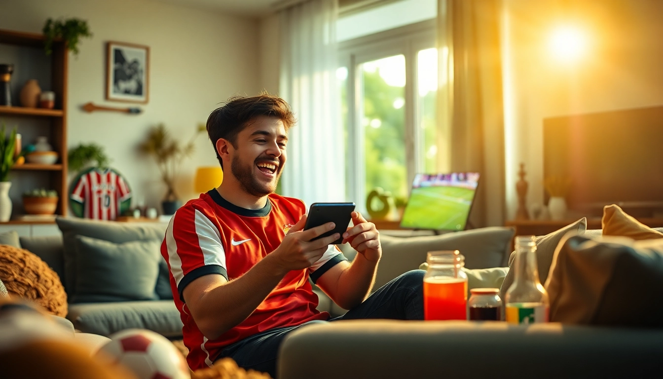 Excited football fan streaming live matches on okwintv.zone in a cozy setting.