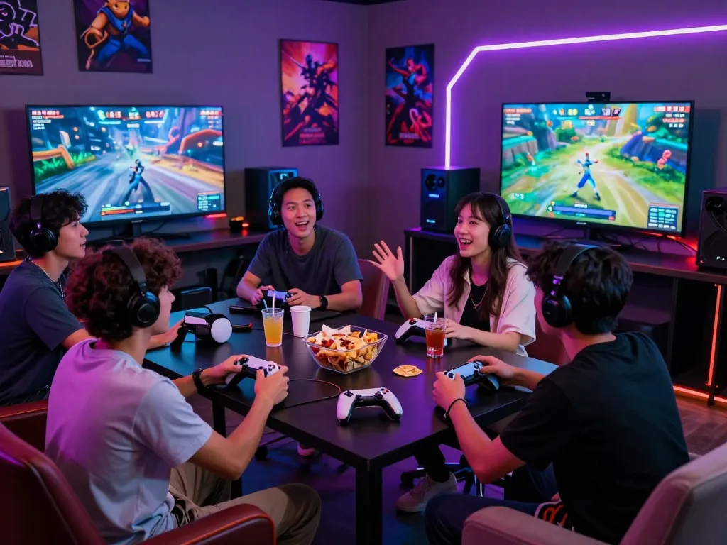 Exciting gaming lounge where friends enjoy tải go88 together, with controllers and snacks in a vibrant atmosphere.
