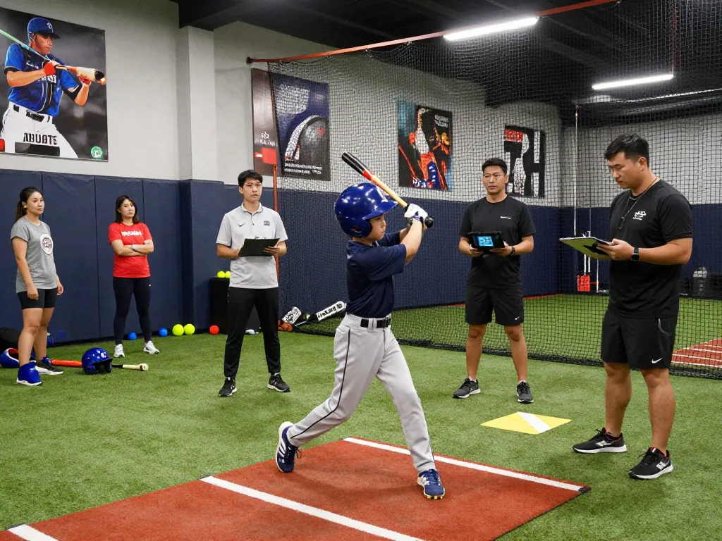 Young athletes training at the hitclub with coaches in batting cages, focused energy and sports equipment.