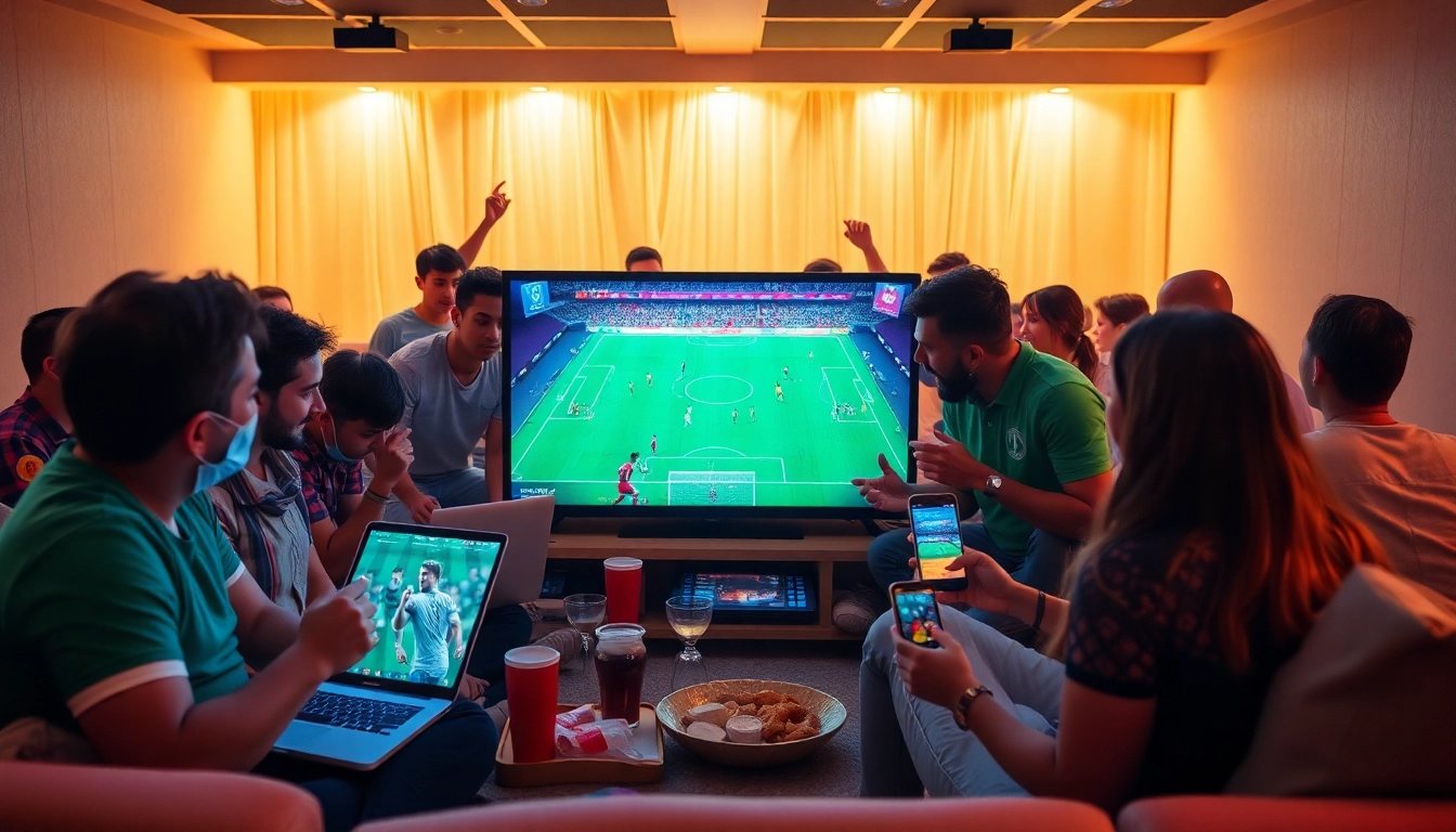 Socolive TV live football streaming scene with fans enjoying a match on various devices in HD quality.
