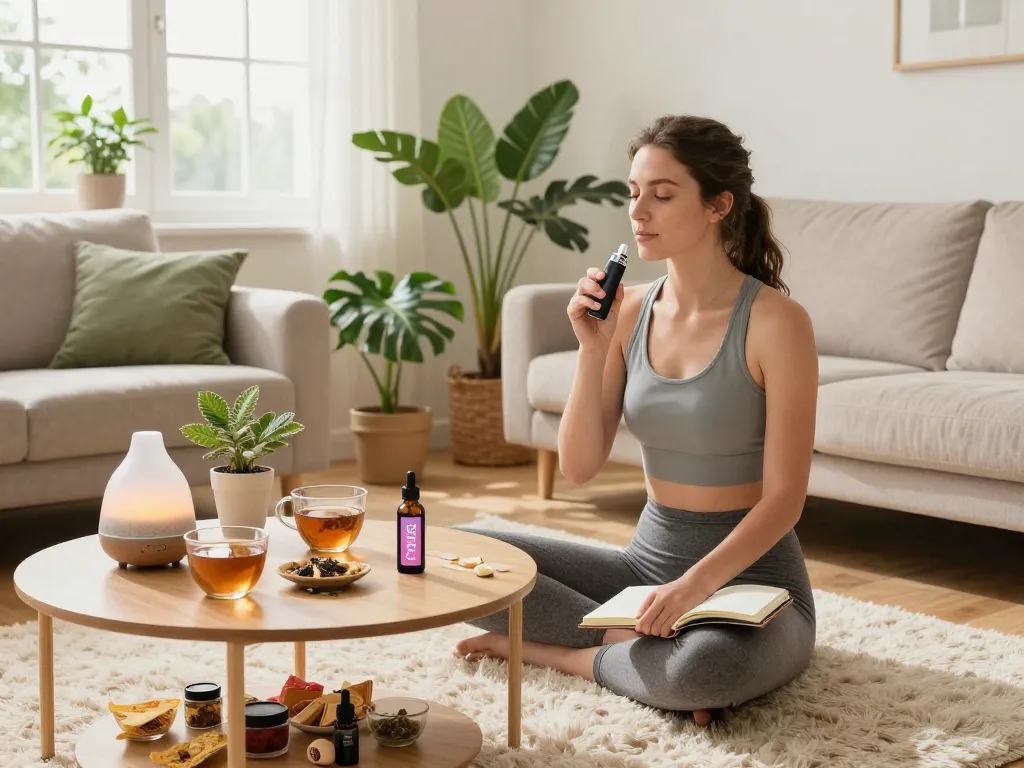 Thc vapes italia presentati in una scena di benessere sereno con olio CBD, snack biologici e un'atmosfera tranquilla.