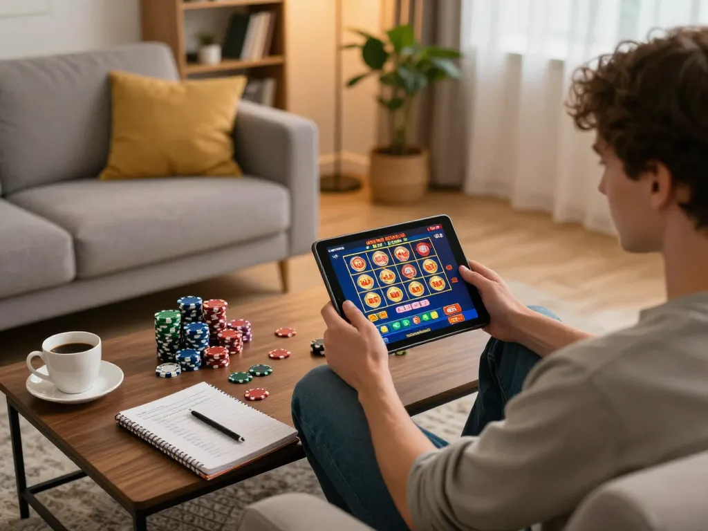 Player engaged in online casino gaming at home using vic88 app with visual strategy notes.